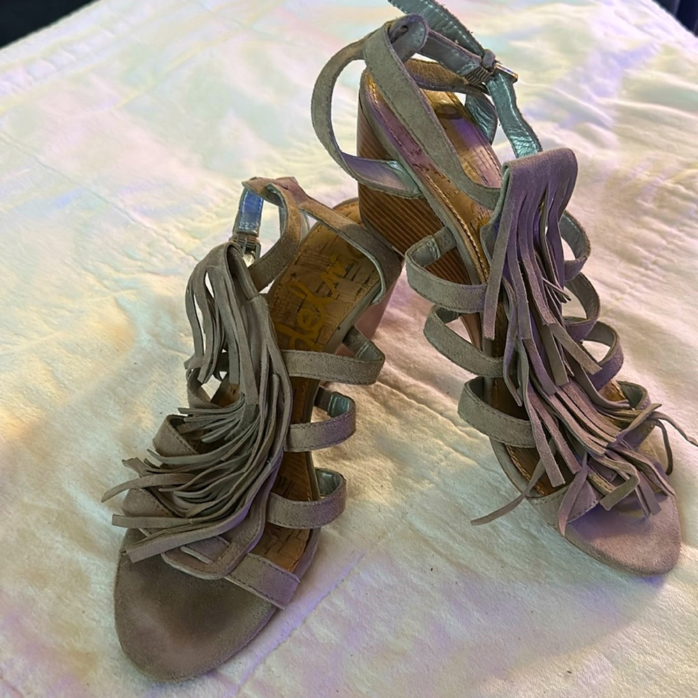 Sam Edelman Suede Fringe Wedge Sandals, Sz 8.5